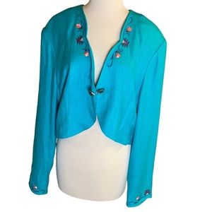 Turquoise Embroidered Cropped Women's Jacket